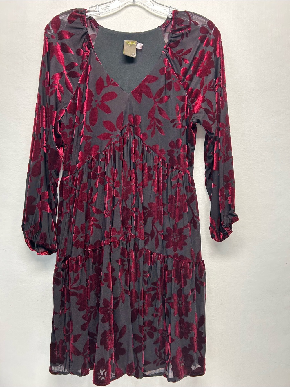 Velvet Floral Tiered V-Neck Dress in Burgundy and Charcoal